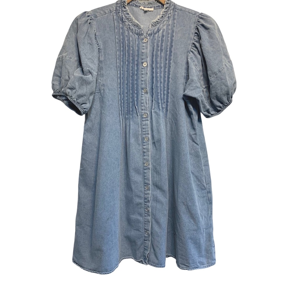 Jodifl Denim Mini Dress Small Babydoll Pintuck Puff Sleeve Button Front Boho